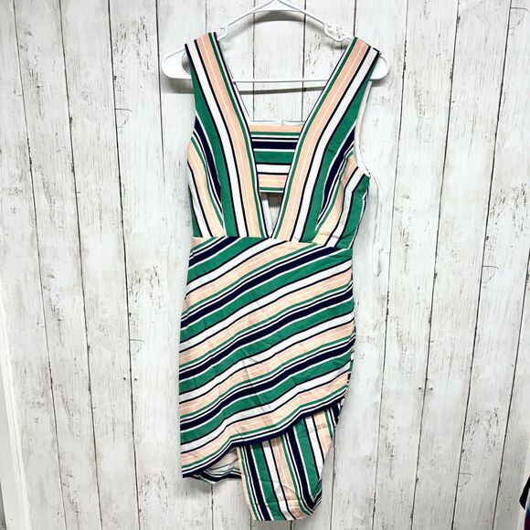J.O.A. Dress Women Size Small Green/Ivory Striped Asymmetrical Mini Sleeveless - Picture 1 of 5